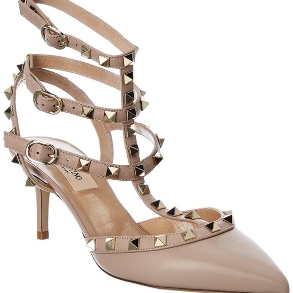 Valentino Rockstud Caged 65 Leather Ankle Strap Pump Taupe